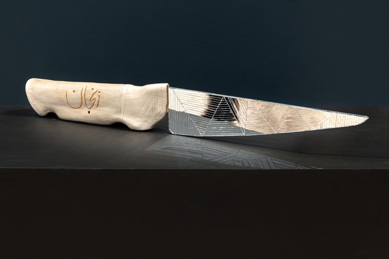 Knives, 2026–27. Hand-built ceramic knife with a blade of cut mirror pieces