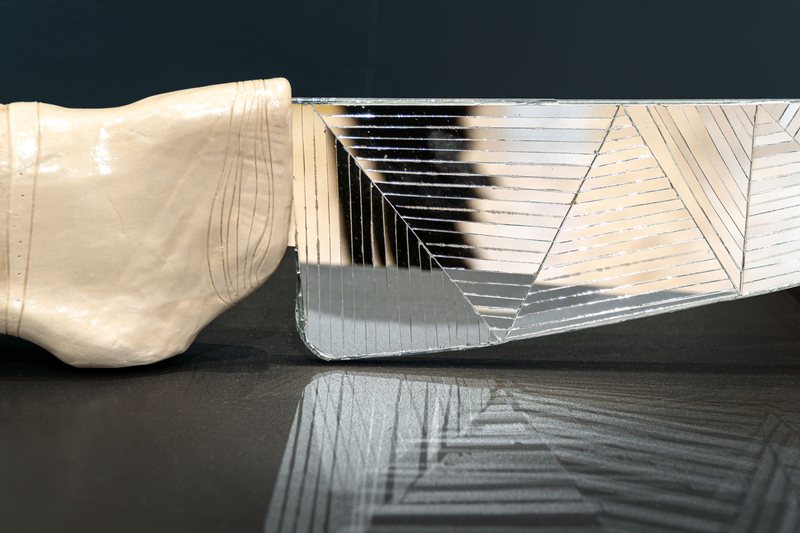 Knives (2026–27), hand-built ceramic knife with a blade of cut mirror pieces, view 2
