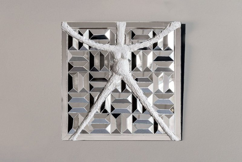 Liquefy Memories (2024), square plaster panels with tessellated mirror grids, view 3